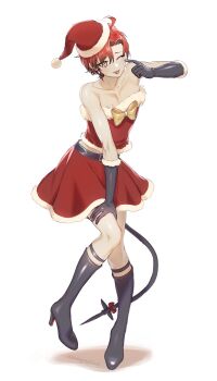 1boy ahoge belt black_belt black_boots black_gloves black_tail boots bow collarbone crossdressing crossdressing_(mtf) darkgreyclouds finger_to_cheek fur-trimmed_gloves fur-trimmed_skirt fur-trimmed_tube_top fur_trim gloves hand_on_own_thigh hat high_heel_boots high_heels highres holostars holostars_english looking_at_viewer machina_x_flayon one_eye_closed parted_bangs red_hair red_skirt red_tube_top santa_hat short_hair skirt solo strapless tongue tongue_out tube_top twitter_username virtual_youtuber white_background yellow_bow