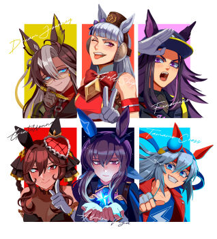 6+girls :&gt; absurdres admire_vega_(starry_nocturne)_(umamusume) admire_vega_(umamusume) ahoge animal_ears black_dress black_hair blue_eyes blue_necktie blunt_bangs boro^2 breasts brown_hair character_name cleavage closed_mouth covered_collarbone dream_journey_(reminder_of_dreamland)_(umamusume) dream_journey_(umamusume) dress ear_covers fenomeno_(black_flames_of_the_righteous_spirit)_(umamusume) fenomeno_(umamusume) fingerless_gloves gentildonna_(regina_dei_fiori)_(umamusume) gentildonna_(umamusume) glasses gloves gold_ship_(red_strife)_(umamusume) gold_ship_(umamusume) grey_hair grin hair_intakes hairband hat headband highres holding holding_pen horse_ears horse_girl index_finger_raised jacket large_breasts long_hair long_sleeves looking_at_viewer multicolored_hair multiple_girls necktie one_eye_closed open_clothes open_jacket open_mouth pen pink_eyes pointing pointing_at_viewer purple_eyes purple_hair red_eyes red_nails round_eyewear semi-rimless_eyewear short_hair smile tamamo_cross_(umamusume) tamamo_cross_(with_lightning_speed)_(umamusume) teeth tongue tongue_out two-tone_hair umamusume under-rim_eyewear upper_teeth_only v v-shaped_eyebrows white_gloves