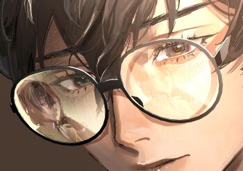 2boys absurdres akechi_gorou amamiya_ren black-framed_eyewear black_gloves black_hair brown_eyes brown_hair brown_jacket close-up closed_mouth commentary_request eyelashes glasses gloves grey_background hair_between_eyes highres jacket male_focus multiple_boys necktie persona persona_5 persona_5_the_royal reflective_eyewear smile white_necktie yoru_tsuki12