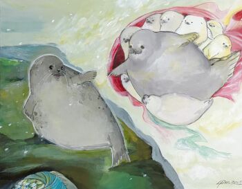 animal animal_focus fine_art_parody fish floating flying hana_usagi_(pm_nw5) highres lying no_humans outdoors parody seal_(animal) signature the_creation_of_adam