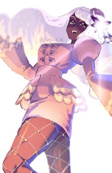 Rule 34 | 1girl, artist name, ascot, bintoro 06, buttons, commentary request, dark-skinned female, dark skin, dress, fishnet pantyhose, fishnets, frilled ascot, frills, from below, gloves, hair ornament, highres, jacinthe (pokemon), juliet sleeves, long sleeves, low drills, nintendo, open mouth, pantyhose, pokemon, pokemon legends: z-a, puffy sleeves, purple dress, purple eyes, purple hair, smile, solo, teeth, twitter username, upper teeth only, very dark skin, white gloves