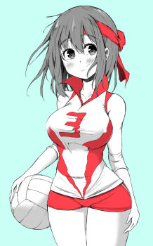 1girl absurdres aqua_background ball blush breasts closed_mouth cowboy_shot frown girls_und_panzer hand_on_own_thigh headband highres holding holding_ball kondou_taeko large_breasts looking_at_viewer medium_hair micro_shorts partially_colored red_headband red_shirt red_shorts shiiba_aki shirt shorts single_vertical_stripe sleeveless sleeveless_shirt solo sportswear standing volleyball_(object) volleyball_uniform