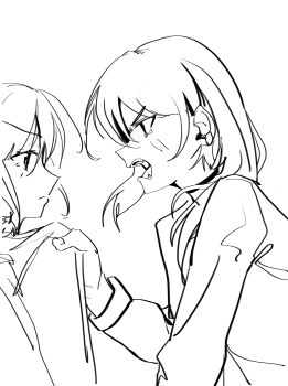 2girls absurdres chinese_commentary clothes_grab commentary_request earclip fangs girls_band_cry greyscale haidao_mao highres iseri_nina kawaragi_momoka monochrome multiple_girls open_mouth simple_background upper_body white_background