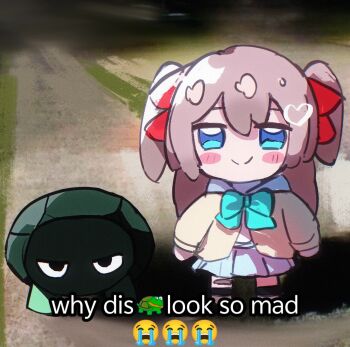 1girl blue_bow blue_bowtie blue_eyes blue_skirt blush_stickers bow bowtie brown_hair caption cardigan closed_mouth emoji hair_ribbon highres indie_virtual_youtuber long_hair meme neuro-sama pinkpink939 red_ribbon ribbon scowl shirt skirt smile split_mouth turtle twintails vedal987 virtual_youtuber white_shirt why_dis_ninja_look_so_mad_(meme) yellow_cardigan