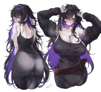 1girl armpits arms_up ass back belt black-framed_eyewear black_dress black_hair blush breasts brown_belt cleavage colored_inner_hair cowboy_shot dress floating_skull from_behind glasses goddess_of_victory:_nikke hair_between_eyes hair_over_one_eye hand_in_own_hair hands_on_own_head highres hii_(motorholic) label_(nikke) large_breasts long_hair looking_at_viewer median_furrow mojyo mole mole_on_back mole_on_breast multicolored_hair multiple_views nervous_smile parted_bangs purple_eyes purple_hair purple_streaks shoulder_blades shrug_(clothing) sideboob signature smile sweat taut_clothes taut_dress teeth two-tone_hair very_long_hair white_background