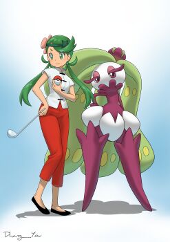 Rule 34 | 1girl, cassandra (pokemon) (cosplay), changshan, chinese clothes, dhang you, gen 7 pokemon, green eyes, green hair, hand on own hip, holding, holding poke ball, kung fu shoes, ladle, mallow (pokemon), monster girl, nintendo, plant girl, poke ball, pokemon, pokemon (anime), pokemon (classic anime), pokemon ep044, purple eyes, tsareena, twintails