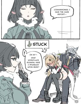 Rule 34 | 1boy, 2girls, ahoge, animal ear fluff, animal ears, black hair, blonde hair, blush, cat boy, cat ears, caught, chalky (zenless zone zero), cissia (zenless zone zero), commentary, covered penetration, covering face, dedversus, ear blush, embarrassed, english commentary, english text, girl on top, green eyes, hetero, highres, implied sex, jane doe (zenless zone zero), long hair, mouse ears, mouse girl, multiple girls, necktie, open mouth, severian lowell, sex, sketch, snake girl, snake tail, speech bubble, tail, walk-in, yellow necktie, zenless zone zero