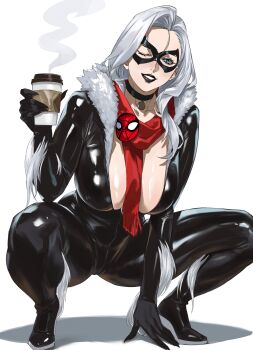 1girl absurdres black_bodysuit black_cat_(marvel) black_collar black_mask blue_eyes bodysuit breasts cleavage collar commentary cup english_commentary eye_mask eyelashes full_body grey_hair highres holding holding_cup large_breasts long_hair marvel mask red_scarf scarf simple_background solo spider-man spider-man_(series) taiyang_yu white_background