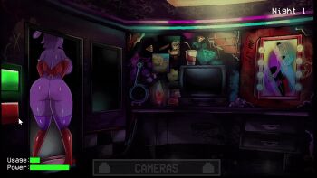 1girl animal_ears animated animated_gif animatronic ass ass_shake bonnie_(fnaf) boots breasts buttons camera cleavage clock colored_skin cursor desk elbow_gloves english_text five_nights_at_freddy&#039;s five_nights_in_anime:_after_hours_(fangame) five_nights_in_anime_(fangame) from_behind furry furry_female gameplay_mechanics genderswap genderswap_(mtf) gloves high_heels huge_breasts large_breasts leotard monitor non-web_source office playboy_bunny poster_(object) purple_hair purple_skin rabbit_ears rabbit_tail red_boots red_gloves red_leotard shiny_skin short_hair solo strapless strapless_leotard tail thighhighs video_game