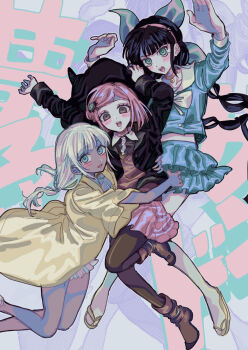 3girls arms_up black_hair black_jacket blunt_bangs blush bow bowtie breasts brown_vest chabashira_tenko choker collared_shirt commentary_request danganronpa_(series) danganronpa_v3:_killing_harmony dark-skinned_female dark_skin eyelashes fighting_stance gem_hair_ornament green_eyes hair_ornament hair_ribbon hairband highres hug jacket layered_skirt long_hair long_sleeves looking_at_viewer low_twintails midair milk_o mole mole_under_mouth multiple_girls open_mouth pantyhose pastel_colors pink_choker pink_hairband pleated_skirt raincoat red_hair ribbon sailor_collar sandals school_uniform shirt short_hair skirt smile twintails very_long_hair vest waist_hug white_bow white_bowtie white_hair yellow_raincoat yonaga_angie yumeno_himiko