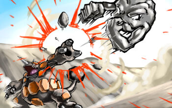 clenched_hands closed_mouth commentary_request dust firing gen_1_pokemon gen_4_pokemon geodude horns kaosu_(kaosu0905) motion_blur nintendo no_humans open_mouth outdoors outstretched_arm pokemon pokemon_(creature) pokemon_focus red_eyes rhyperior rock sharp_teeth single_horn standing teeth upper_teeth_only