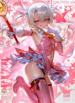 1girl absurdres armpits blush boots breasts cape closed_mouth clothing_cutout commentary dress fate/kaleid_liner_prisma_illya fate_(series) feather_hair_ornament feathers gloves grey_hair hair_ornament highres holding holding_wand illyasviel_von_einzbern kaleidostick layered_gloves long_hair magical_girl navel navel_cutout nekoya_(nekodayo_22) pink_background pink_boots pink_cape pink_dress pink_feathers pink_gloves prisma_illya red_eyes sideboob sleeveless sleeveless_dress small_breasts smile solo thigh_boots thighs tongue tongue_out twintails untranslatable_commentary v wand white_gloves