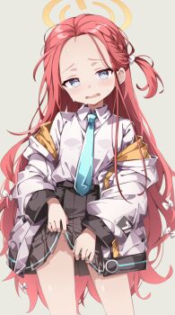 1girl blue_archive blue_necktie braid clothes_lift commentary_request halo highres jacket lifting_own_clothes long_hair necktie no_panties paid_reward_available red_hair sabana simple_background skirt solo yuzu_(blue_archive)