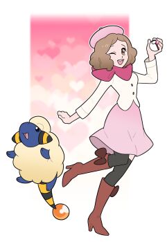1girl absurdres beret boots brown_footwear brown_hair commission crossover full_body gen_2_pokemon hat heart highres holding holding_poke_ball horns love_ball mareep nintendo okumura_haru one_eye_closed parody persona persona_5 pink_headwear poke_ball pokemon pokemon_(creature) style_parody tail vergolophus