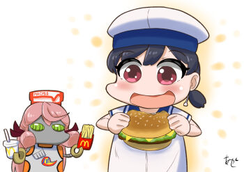 1girl akashi_(kancolle) akashieru artist_logo black_hair blue_sailor_collar burger dress eating famicom_cartridge food french_fries hat hiburi_(kancolle) kantai_collection logo low_ponytail mcdonald&#039;s mechanization one-hour_drawing_challenge ponytail red_eyes robot sailor_collar sailor_dress sailor_hat short_ponytail short_sleeves smile white_dress white_hat