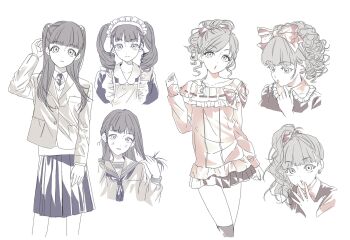 2girls black_necktie black_socks blazer blue_skirt blunt_bangs blush bow brown_hair brown_scrunchie brown_skirt center-flap_bangs character_request closed_mouth collar collarbone collared_shirt copyright_request covering_own_mouth curly_hair double-parted_bangs earrings expressionless frilled_collar frilled_skirt frills hair_bobbles hair_bow hair_ornament hair_scrunchie hand_over_own_mouth head_tilt highres jacket jewelry kneehighs large_bow long_hair long_sleeves looking_at_viewer loose_hair_strand maid maid_headdress medium_skirt miniskirt multiple_girls multiple_views neckerchief necktie open_mouth parted_bangs parted_lips partially_colored pink_bow pink_lips pink_shirt pleated_skirt ponytail puckered_lips ranxan0 ribbon-trimmed_shirt ribbon_trim school_uniform scrunchie serafuku shirt shirt_bow short_hair short_ponytail simple_background skirt socks straight_hair surprised twintails two_side_up vest white_background wing_collar