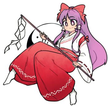 1girl bow dagger131134_(kama_astor) gohei hair_bow hair_tubes hakama hakama_pants hakurei_reimu hakurei_reimu_(pc-98) holding holding_gohei japanese_clothes long_hair long_sleeves miko orb pants purple_eyes purple_hair red_bow red_hakama smile socks touhou touhou_(pc-98) white_background white_socks wide_sleeves yin_yang yin_yang_orb