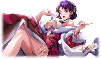 1girl bare_shoulders birthday blue_eyes bracelet breasts card cecile_croomy code_geass code_geass:_lost_stories dress f4samurai highres holding jewelry large_breasts multicolored_dress official_art one_eye_closed open_mouth purple_hair simple_background smile solo transparent_background