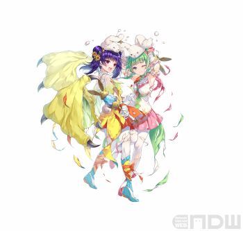 Rule 34 | 2girls, absurdres, alternate costume, animal ears, animal hat, ankle lace-up, armpits, blue footwear, blue legwear, blunt bangs, bow, bow legwear, braid, capelet, carrot necklace, coattails, collarbone, cross-laced clothes, cross-laced legwear, damaged, dragon girl, dragon wings, dragonstone, dress, fake animal ears, fire emblem, fire emblem: the sacred stones, fire emblem awakening, fire emblem heroes, flat chest, floral print, flower, gloves, green hair, green wings, hair flower, hair ornament, hair tie, hat, high-waist skirt, high heels, highres, holding, holding wand, injury, jewelry, lapels, long hair, magical girl, miniskirt, miwabe sakura, multi-tied hair, multicolored legwear, multiple girls, myrrh (fire emblem), nah (fire emblem), necklace, nintendo, official alternate costume, official art, orange bow, orange dress, pale skin, pantyhose, pink scarf, pink skirt, pointy ears, polka dot, purple eyes, purple hair, rabbit ears, rabbit hat, red eyes, ribbon, ryona, scarf, see-through clothes, short dress, skirt, sleeveless, sunflower, tailcoat, torn clothes, torn legwear, twin braids, twintails, vest, wand, white gloves, white pantyhose, wince, wings, yellow vest, yellow wings