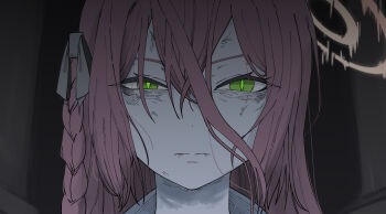 Rule 34 | 1girl, blue archive, braid, bright pupils, bruise, bruise on face, closed mouth, commentary, distorted halo, green eyes, hair between eyes, hair ribbon, half-closed eyes, halo, hanako (blue archive), highres, injury, long bangs, pink hair, pink halo, portrait, reze's eye twitch (chainsaw man), ribbon, shirt, single braid, smile 5m1le, solo, v-shaped eyebrows, white ribbon, white shirt