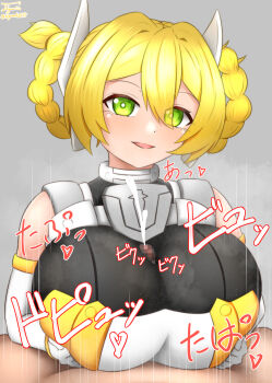 1girl 30_minutes_sisters absurdres armor blonde_hair blush clothed_female_nude_male clothed_paizuri clothed_sex green_eyes highres nude paizuri sigumaster35 smile yufia