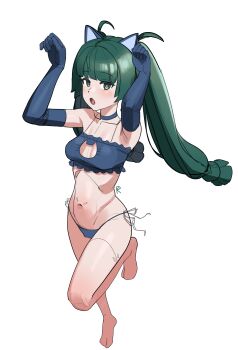 1girl absurdres android animal_ears arms_up bikini blackpenguin314 blue_choker blue_gloves bra breasts cat_cutout cat_ears choker cleavage cleavage_cutout clothing_cutout elbow_gloves fake_animal_ears frilled_bra frills full_body gloves green_eyes green_hair heart heart-shaped_pupils highres joints long_hair looking_at_viewer navel open_mouth paw_pose qingyi_(zenless_zone_zero) robot robot_girl robot_joints simple_background solo swimsuit symbol-shaped_pupils thighs twintails underwear white_background zenless_zone_zero