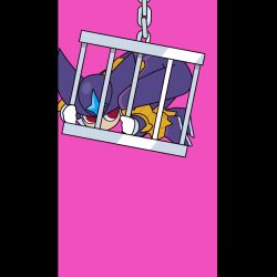 Rule 34 | 1boy, bass.exe (mega man), chibi, fins, forehead jewel, head fins, in cage, parody, pink background, rabbit hole (vocaloid), red eyes, solo, wd sakuya