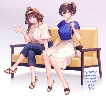 2girls absurdres brown_eyes brown_hair e_(eokiba) feet hairband highres kaga_(kancolle) kantai_collection kongou_(kancolle) long_hair looking_at_viewer multiple_girls open_mouth parted_lips purple_eyes sandals side_ponytail sitting toes waving