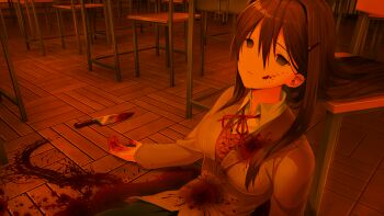 1girl arms_at_sides bags_under_eyes blazer blood blood_on_body blood_on_clothes blood_on_face blood_on_ground blood_on_hands blood_splatter blood_stain blood_trail bloody_knife blue_skirt breasts brown_jacket brown_sweater_vest button_gap buttons chair classroom collared_shirt corpse dark death desk doki_doki_literature_club doki_doki_literature_club_school_uniform dot_nose double-parted_bangs dress_shirt empty_eyes eyebrows_hidden_by_hair fallen_down fingernails game_cg grey_jacket hair_between_eyes hair_intakes hair_ornament hairclip half-closed_eyes highres horror_(theme) impossible_clothes indoors injury jacket knife large_breasts leaning_back leaning_on_object light_smile long_eyelashes long_hair long_sidelocks long_sleeves neck_ribbon non-web_source official_art on_floor open_hands parted_lips pleated_skirt pool_of_blood purple_eyes purple_hair raised_inner_eyebrows red_ribbon ribbon satchely school school_desk school_uniform self-harm shirt sidelocks sitting skirt smile solo spoilers stab suicide sunlight sunset sweater_vest teeth thick_eyelashes upper_body variant_set very_long_hair wing_collar wooden_chair wooden_desk wooden_floor yuri_(doki_doki_literature_club)