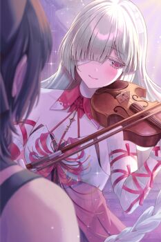 Rule 34 | 2girls, bandage over one eye, bandaged arm, bandages, bare shoulders, black hair, braid, breasts, closed mouth, colored eyelashes, commentary request, female rover (wuthering waves), grey hair, highres, instrument, light blush, long hair, looking to the side, medium breasts, multiple girls, music, phrolova (wuthering waves), playing instrument, red eyes, rover (wuthering waves), shikuwata, smile, solo focus, tacet mark (wuthering waves), violin, wuthering waves