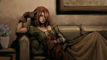 1girl absurdres asianfissureman breasts brown_gloves brown_hair cleavage closed_mouth commentary couch dark_souls_(series) dark_souls_ii dress emerald_herald english_commentary gloves green_dress hair_over_one_eye highres indoors medium_hair on_couch sitting solo
