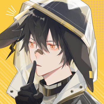 1boy animal_ears arknights ayerscarpe_(arknights) bandaid bandaid_on_face bandaid_on_nose bishounen black_gloves black_hair commentary_request ear_piercing finger_to_mouth floppy_ears gloves hair_between_eyes highres hood hood_up hooded_coat index_finger_raised looking_to_the_side lop_rabbit_ears male_focus orange_eyes parted_lips piercing portrait rabbit_boy rabbit_ears shikiri short_hair shushing solo yellow_background