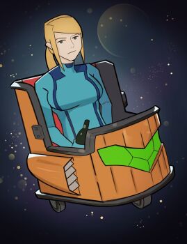 alcohol beer beer_bottle blonde_hair blue_eyes cart holding looking_at_viewer meme metroid mike_stoklasa nintendo ponytail samus_aran sitting space splashbrush zero_suit