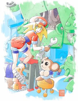 1girl ass blonde_hair blue_bodysuit bodysuit getinthegustaff green_eyes hat highres ladder medium_hair mega_man_(series) mega_man_legends_(series) monkey red_hat red_shirt red_shoes red_shorts robot roll_caskett_(mega_man) shirt shoes shorts smile wrench