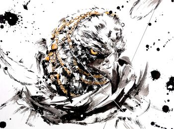 animal_head armor bald_eagle beak bird bird_boy chain cloak commentary_request eagle elden_ring elden_ring_nightreign feathers gold_chain guardian_(elden_ring) head_chain highres jewelry limited_palette paint_splatter painting_(medium) portrait scan serious solo traditional_media white_background white_feathers yellow_eyes