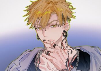 Rule 34 | 1boy, black nails, black shirt, blonde hair, blue background, chain, chain necklace, commentary request, earrings, enjin (gachiakuta), finger tattoo, gachiakuta, gradient background, green outline, highres, hoop earrings, jewelry, maggot83682214, male focus, neck tattoo, necklace, outline, shirt, short hair, simple background, solo, tattoo, two-tone background, undercut, white background, yellow eyes