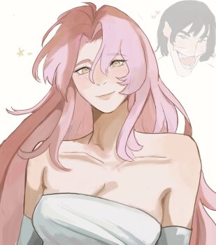 2girls alien_stage bare_shoulders black_hair collarbone commentary dress elbow_gloves english_commentary gloves heart highres long_hair mizi_(alien_stage) multiple_girls pannpanboo pink_hair smile solo_focus star_(symbol) strapless strapless_dress sua_(alien_stage) tongue tongue_out white_dress yellow_eyes