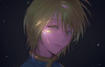Rule 34 | 1boy, absurdres, black background, blonde hair, blue eyes, blue tabard, closed mouth, eyelashes, half-closed eyes, highres, hunter x hunter, kurapika, male focus, portrait, quiwne, simple background, solo, tabard