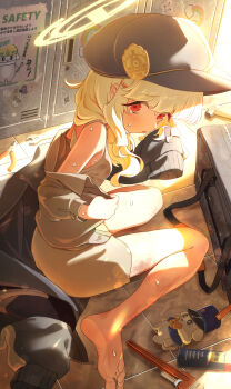 1girl absurdres aoba_(blue_archive) bare_legs bare_shoulders barefoot black_bag blonde_hair blue_archive blue_hat blush breasts brown_coat newsboy_cap coat from_above from_side hair_ornament hairclip halo hands_up hat higashigure highres huge_filesize legs_apart loli long_hair long_sleeves open_clothes open_coat parted_lips raised_eyebrows red_eyes sitting sleeves_past_fingers sleeves_past_wrists small_breasts soles solo sweat tank_top tareme tools undressing wariza wavy_hair white_tank_top yellow_halo