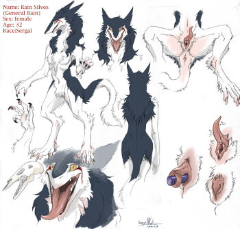 animal_ears anus back claws clitoris fangs flat_chest full_body furry furry_female long_tongue multicolored_hair object_insertion open_mouth prehensile_clitoral_hood pussy rain_silves sergal simple_background skull tail text_focus tongue tongue_out trancy_mick white_background yellow_eyes