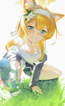 1girl absurdres animal_ear_fluff animal_ears blue_archive blue_eyes blush bottle flower grass gym_shirt gym_shorts gym_uniform hair_flower hair_ornament hairband halo highres holding holding_bottle jacket li-mi long_hair looking_at_viewer mari_(blue_archive) mari_(track)_(blue_archive) multicolored_jacket official_alternate_costume orange_hair plastic_bottle shirt shorts simple_background smile solo track_jacket two-tone_jacket water water_bottle white_background white_flower white_hairband yellow_halo