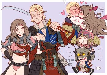 armor arthur_(fire_emblem_fates) bikini_armor carrying carrying_person chibi commission couple fire_emblem fire_emblem_fates fox_mask gzei hana_(fire_emblem) hand_fan headband helmet highres hug katana kiss locked_arms mask ninja nintendo over_shoulder sandals sword sword_over_shoulder thong vgen_commission weapon weapon_over_shoulder