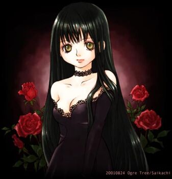 Rule 34 | 1girl, 2001, artist name, bad id, bare shoulders, black choker, black hair, breasts, choker, cleavage, collarbone, commentary request, dated, dress, flower, hair over shoulder, lace, lace-trimmed dress, lace choker, lace trim, long hair, low neckline, lowres, medium breasts, original, purple dress, red flower, red rose, rose, saikachi (ogre tree), solo, yellow eyes