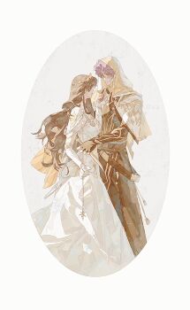 1boy 1girl black_gloves black_jacket border bottle breasts brown_hair chaoxibumian commentary couple cowboy_shot dagger dress elbow_gloves fingerless_gloves gloves grey_background hetero highres holding holding_bottle holding_dagger holding_knife holding_weapon jacket knife long_dress long_hair looking_at_another love_and_deepspace medium_breasts off-shoulder_dress off_shoulder parted_bangs protagonist_(love_and_deepspace) purple_hair rafayel_(love_and_deepspace) short_hair smile symbol-only_commentary tiara veil weapon white_border white_dress white_gloves