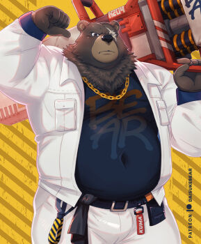 1boy animal_ears bara bear_boy bear_ears belly ben_bigger brown_fur chain chain_necklace closed_mouth commentary covered_navel daisukebear english_commentary flexing furry furry_male holding holding_weapon jewelry looking_at_viewer male_focus necklace over_shoulder patreon_logo patreon_username plump pointing pointing_at_self scar scar_across_eye scar_on_face weapon weapon_over_shoulder zenless_zone_zero