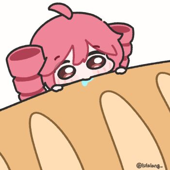 1girl ahoge baguette bread chibi chibi_only double-parted_bangs drill_hair eating food highres hungry kasane_teto lulalang oversized_food oversized_object red_eyes red_hair saliva short_hair simple_background solo twin_drills twitter_username utau white_background yurie_mouth