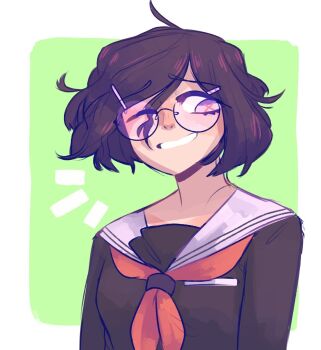 Rule 34 | 1girl, alternate hair length, alternate hairstyle, black shirt, commentary, danganronpa (series), danganronpa another episode: ultra despair girls, docochocart, english commentary, eyelashes, fukawa toko, glasses, hair ornament, hairclip, highres, long sleeves, neckerchief, notice lines, one eye closed, purple eyes, purple hair, red neckerchief, round eyewear, sailor collar, shirt, short hair, simple background, smile, solo, sweat, symbol-shaped pupils, upper body, white sailor collar, x-shaped pupils