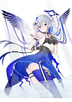 1girl absurdres amane_kanata amane_kanata_(another_world) angel angel_wings arm_strap ass black_gloves black_tube_top blue_hair blue_panties blue_skirt blush breasts closed_mouth commentary_request gloves grey_hair hair_intakes halo heart heart_tattoo highres hololive long_hair looking_at_viewer official_alternate_costume panties purple_eyes shoulder_tattoo skirt small_breasts smile solo star_halo strapless tattoo thigh_strap tojo_aoi tube_top underwear very_long_hair virtual_youtuber wings