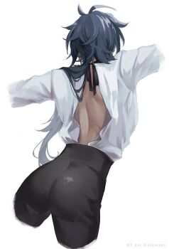 1boy antenna_hair ass back back_cutout blue_hair clothing_cutout commentary cropped_legs dark-skinned_male dark_skin from_behind genshin_impact hashtag-only_commentary highres kaeya_(genshin_impact) long_hair male_focus shike_(i_am_morafeti) simple_background solo white_background