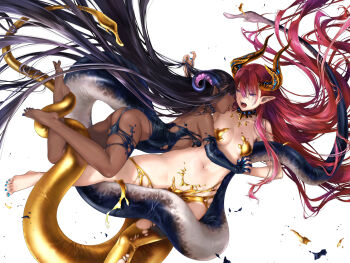 2girls bare_shoulders barefoot black_hair blue_eyes commentary_request copyright_request dark-skinned_female dark_skin dragon_girl dragon_horns dragon_tail feet fingernails highres holding_hands horns interlocked_fingers interracial long_hair looking_at_another monster_girl multiple_girls no_bra no_panties open_mouth pointy_ears red_hair sharp_teeth soles tail takekawa_shin teeth toes yellow_horns yuri